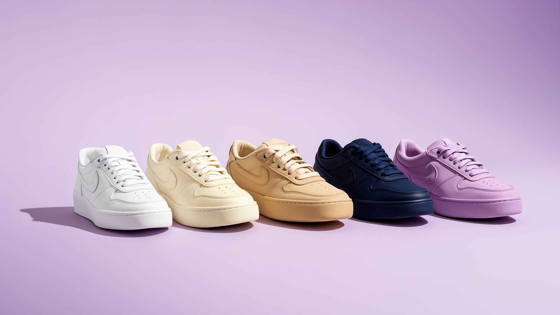Lineup of premium sneakers in white, cream, beige, navy and lavender on a soft lavender backdrop